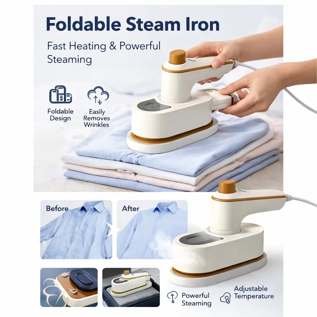 Portable Mini Steam Iron Handheld Garment Steamer 180 Foldable 2-in-1 Flat Hanging Ironing Machine for Clothes Travel Home