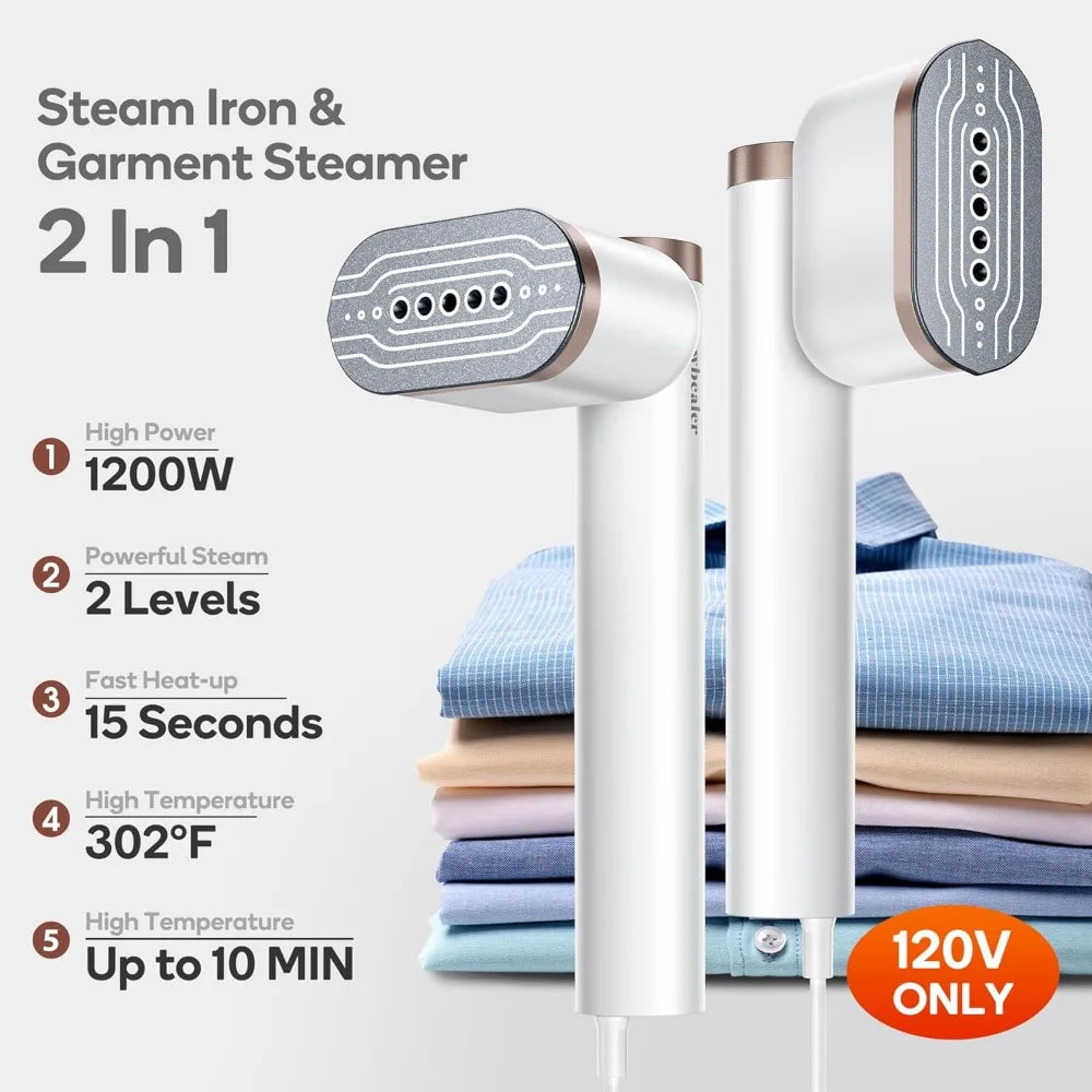 1200W Portable Steam Iron & Steamer, 2-in-1, 15s Heat Up, 302°F, Rotatable, for Clothes (120V Only)